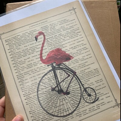 Art Print Flamingo Riding Bike Unicycle Penny Farthing Bicycle Shabby ...