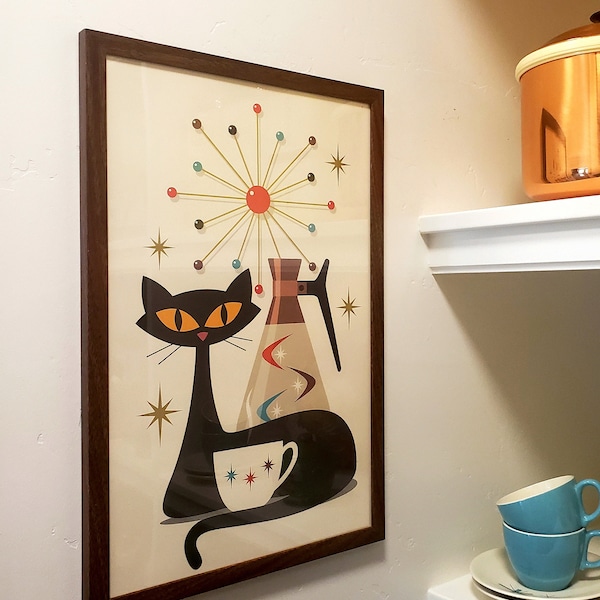Mid Century Modern Black Cat Art Print, Wall Art, Retro Kitchen Decor ...