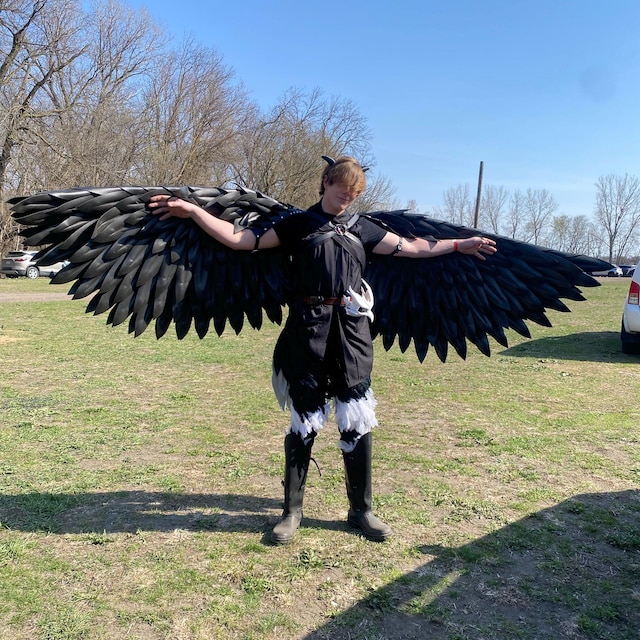 可動式の黒い翼 - 悪魔、堕天使、大人用鳥の翼。コスプレ、ハロウィン