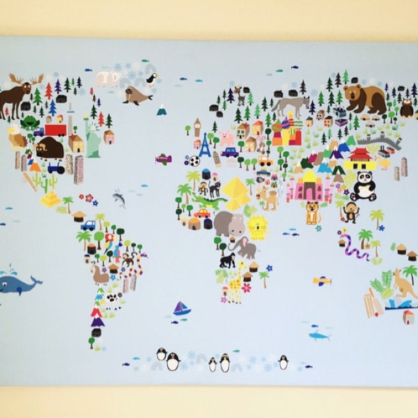 Animal Map of the World Map for Children and Kids, Canvas Art Print ...