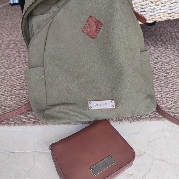DRAKENSBERG 'Charly' Canvas Backpack - Vintage Olive Green Daypack, 15L, Laptop Compartment, Handmade