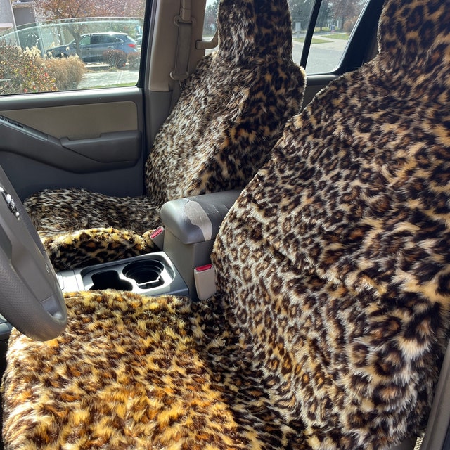 Front Pair of Leopard Print Faux Fur Furry Car Seat Covers