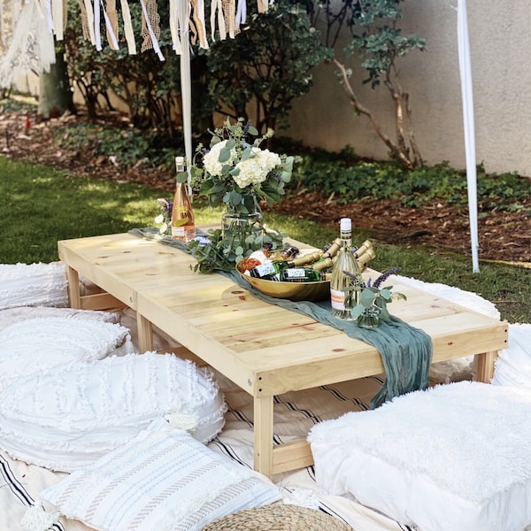 Folding Low Wood Boho Picnic Table With Foldable Legs, Folded Table