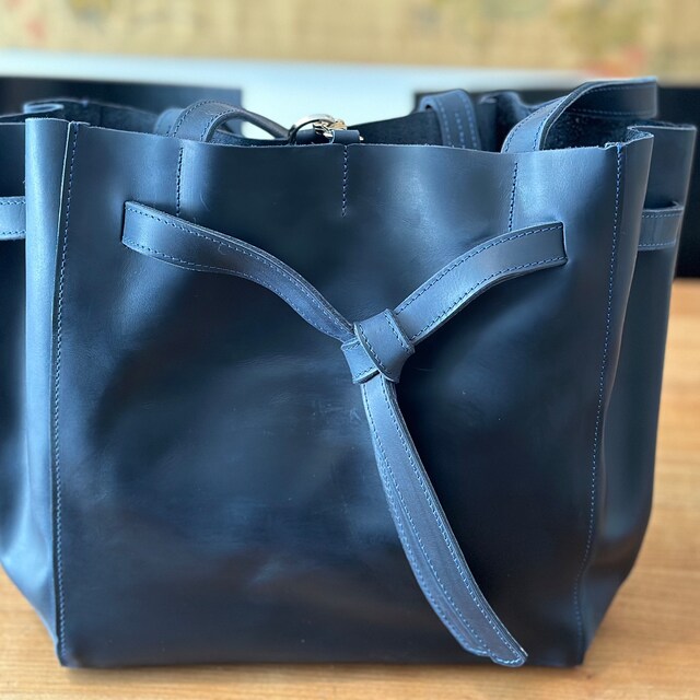 Navy Leather Tote Bag — Work Tote Handbag, Dark Blue Laptop