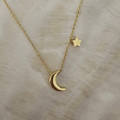 Minimalist Moon Star Gold Necklace Pendant, 10k 14k 18k Solid Gold ...