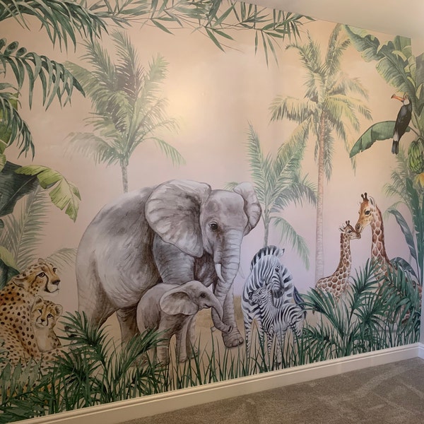 Kids Wallpaper Peel and Stick | Safari Animals With Baby Wall Mural - Etsy