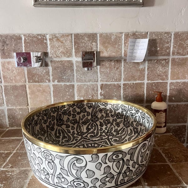Antique Brown Moroccan Sink With Brass Rim Edge, Brass Bathroom Sink ...