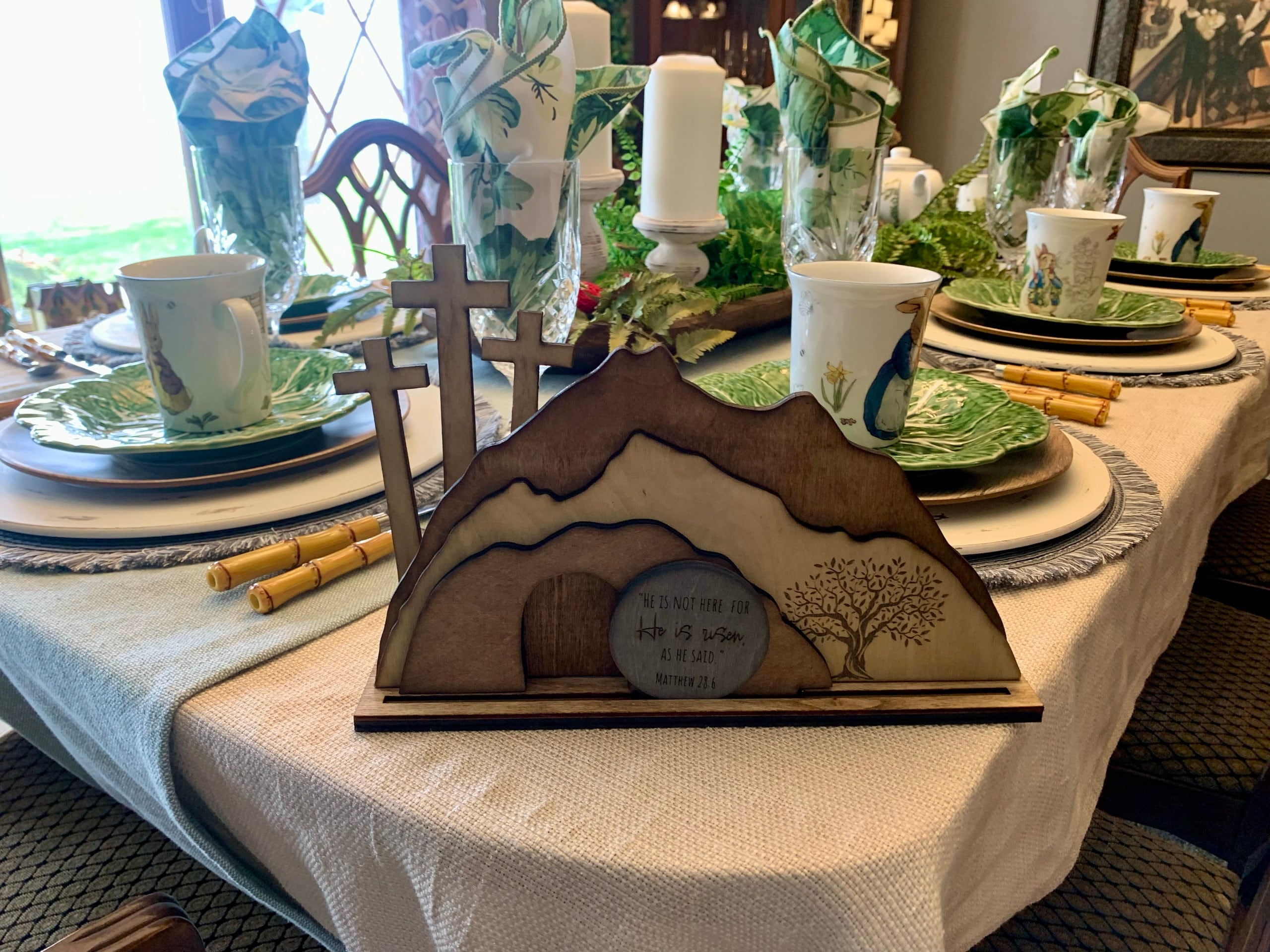 Empty Tomb &quot;He is Risen&quot; Decoration with Cross and Olive Tree, Religious, Christian, Easter Display, Easter Tomb, Laser Cut