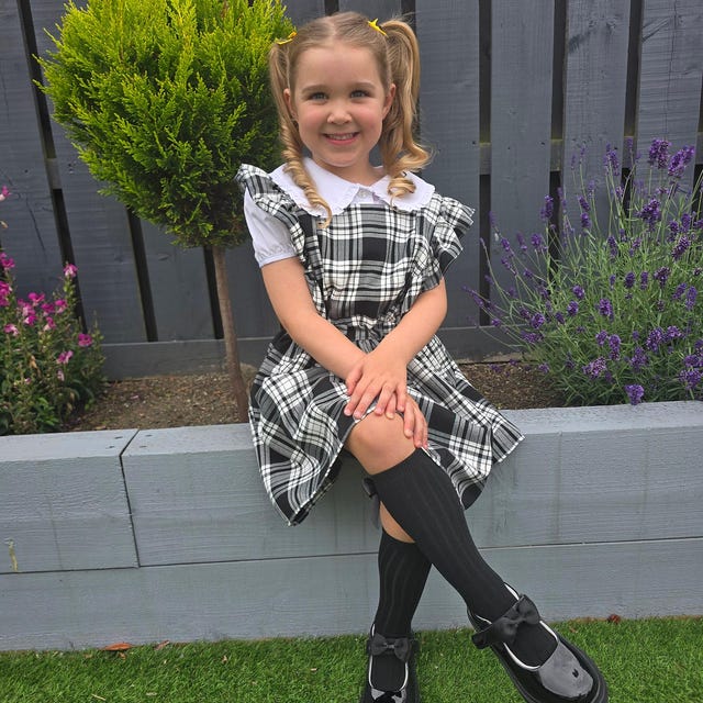 grey checked pinafore dress DAGA Girls Grey Check Pinafore Dress