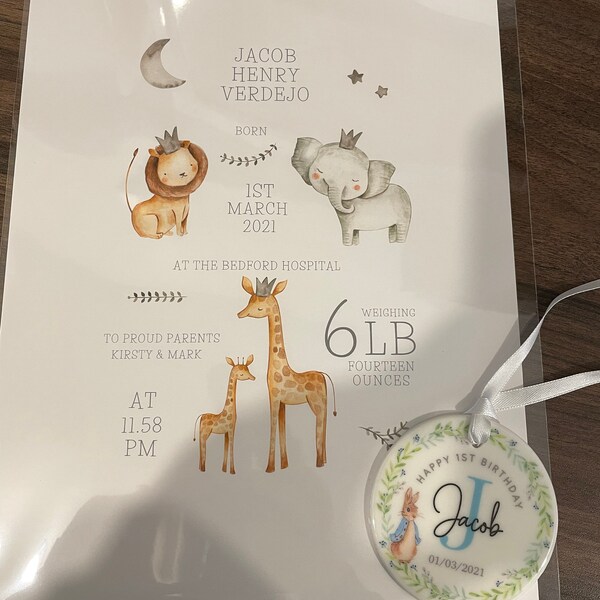 Personalised Safari Animals Print, Including Birth Details, New Baby ...