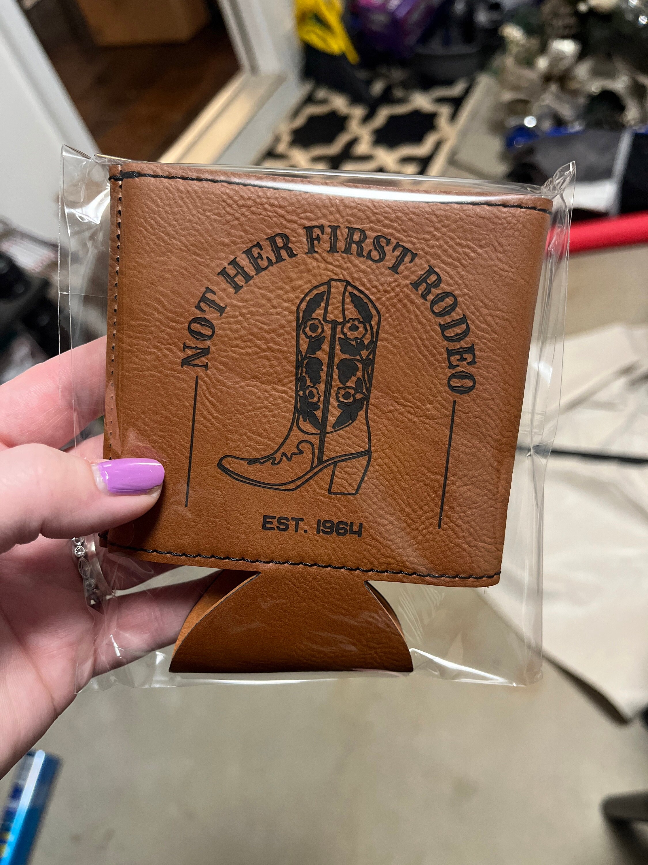 Customer photo of Custom Logo Engraved Leatherette Beverage Holder from Kristin