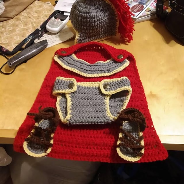 A customer's finished Baby Gladiator Outfit Crochet Pattern