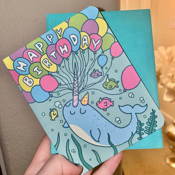 Happy Birthday Narwhal Card, Cute Birthday Card, Kids Birthday - Etsy