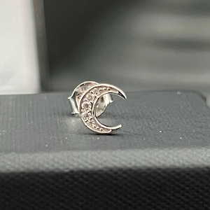 Crescent Moon Stud Earrings, Sterling Silver Tiny Pave Moon