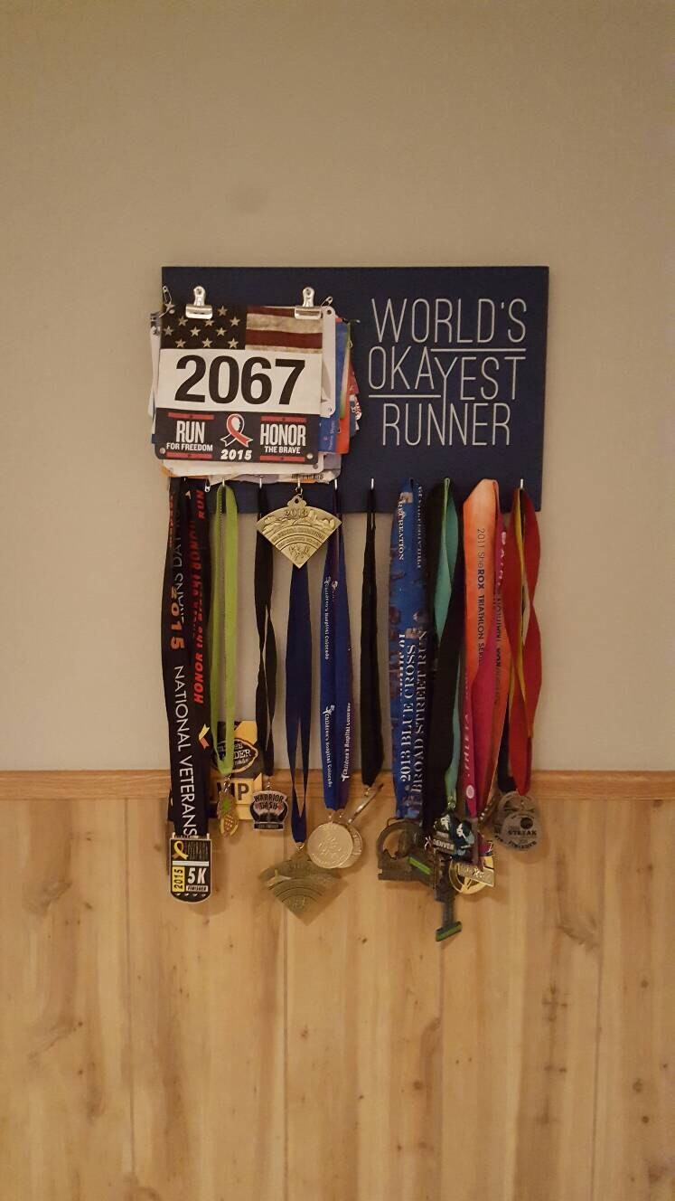 Running Medal Bib Holder Worlds Okayest Runner - Medal Holder, Medal Rack, Medal Display, Race Bib Display, Race Bib Holder