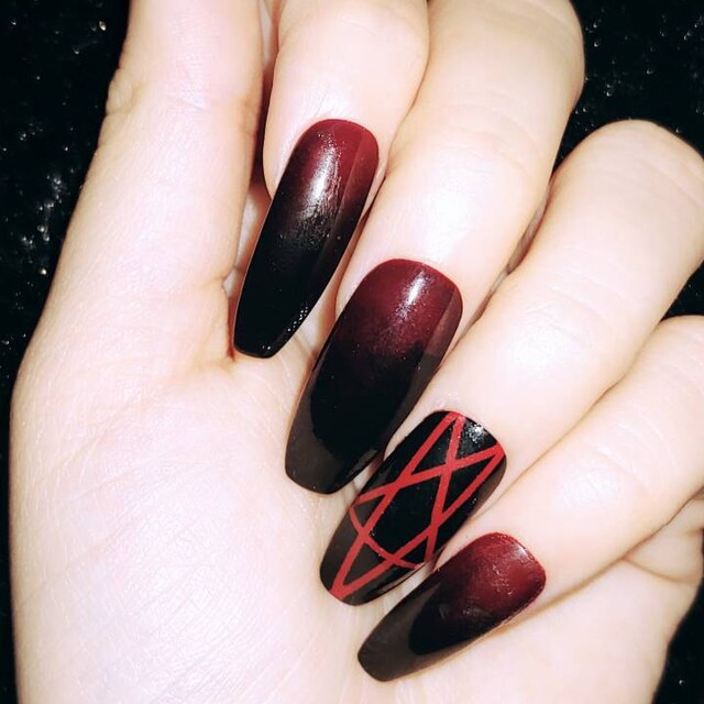 Gothic Stiletto Pentagram Nails Black Red Halloween Nails Cosplay Nails Drag Nails Acrylic Fake Press Glue On Witch Devil Costume