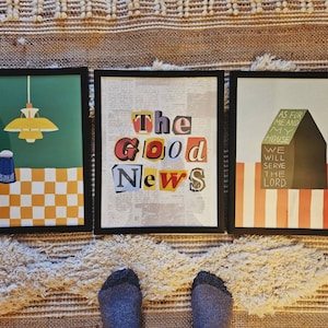 Set of 3 Aesthetic Christian Wall Art Bundle, Modern Christian Art Prints, The Good News, Salt and Light, Serve The Lord Biblical Scripture