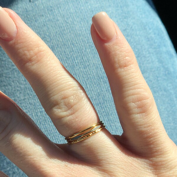 14k GOLD Fill Stacking Rings. Set of THREE Skinny Textured Boho Gold ...