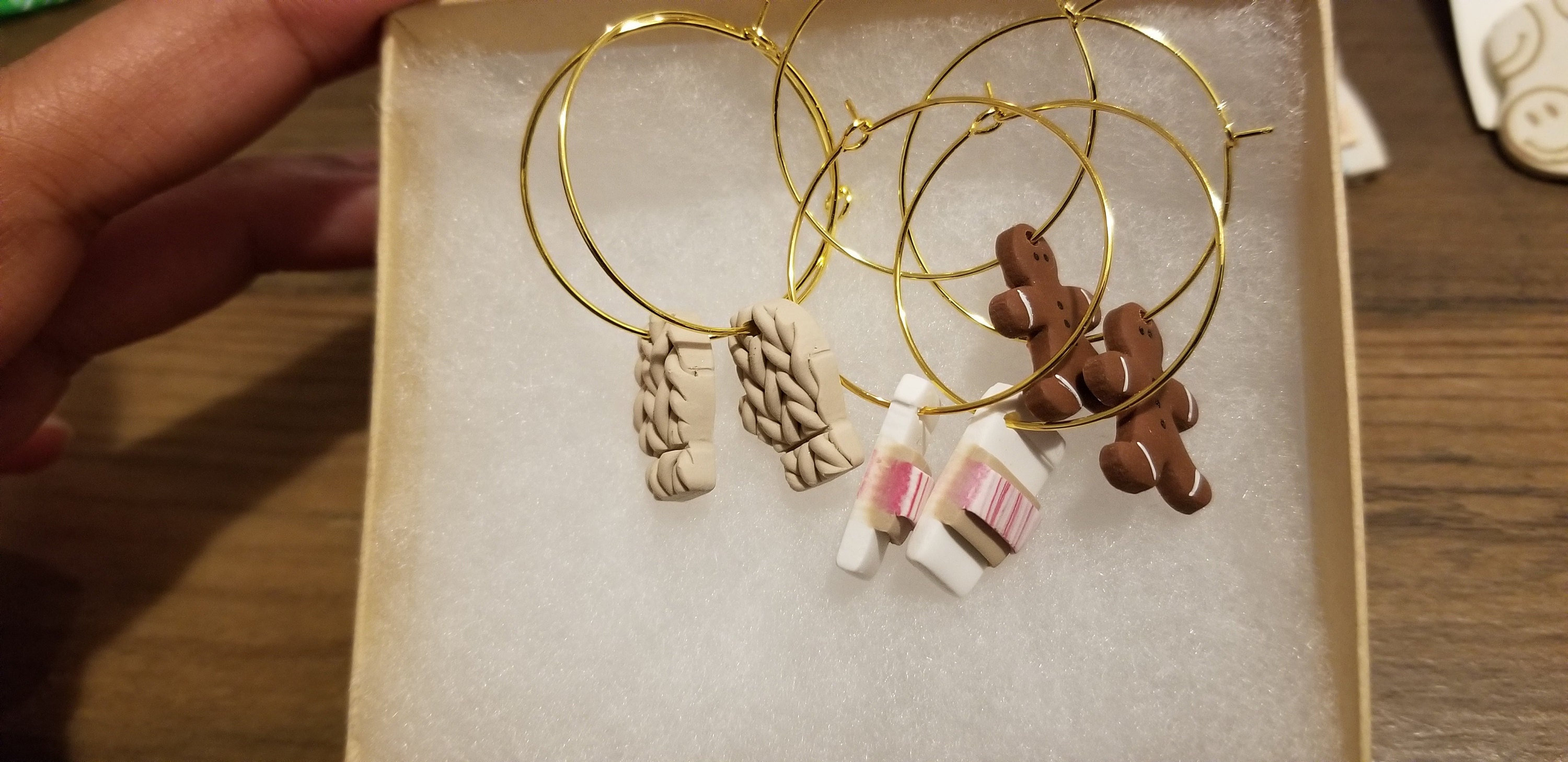 Holiday Hoops | snowflake gingerbread man mocha coffee peppermint red bow Christmas tree gold leaf knit mitten holly Christmas earrings