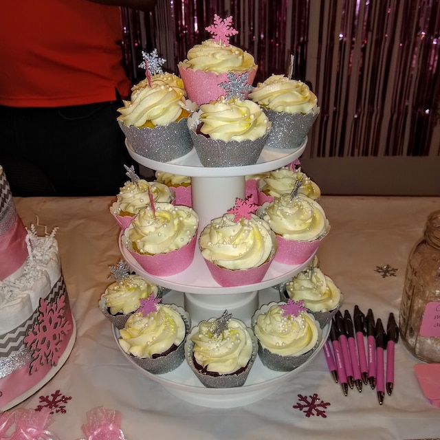24 Schneeflocken-Cupcake-Topper – Rosa & Silber, Lebensmittelecht, Für Babyparty, Weihnachten & Geburtstag