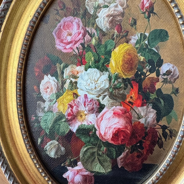 Framed Roses Framed Roses Canvas Art Print of Antique Oil Painting, Oval Framed ...
