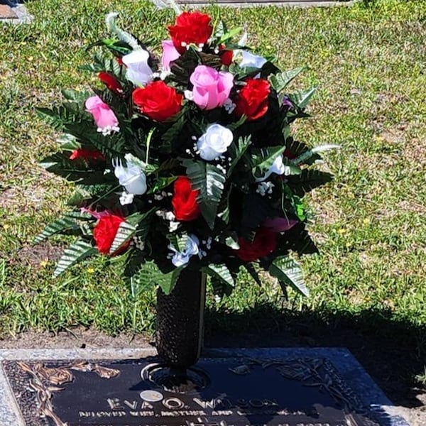 Memorial Rose Flower Arrangement – Cemetery Vase, Red Pink White Roses ...