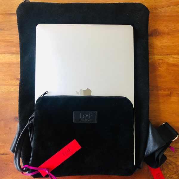 Suede Computer Backpack Black Suede Leather Backpack, Convertible Backpack, Black Suede ...