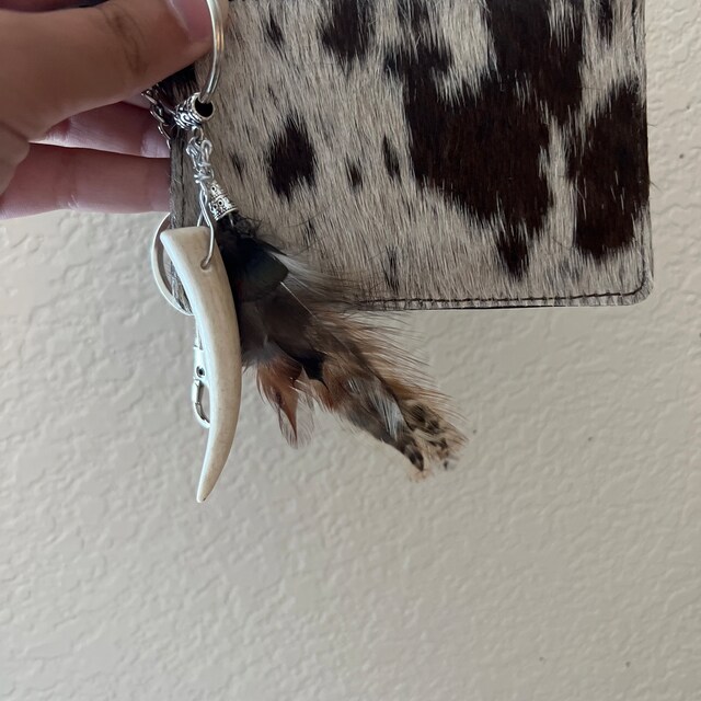 Keychain With Deer Horn Antler Tip and Feathers, Handmade Keyring