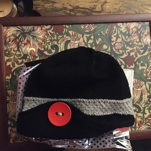 Black and Grey Hand Knit Hat Ladies Beanie With Red Button - Etsy