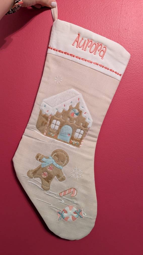 Personalized Pink Christmas Stocking: Applique Design, Baby's First Christmas