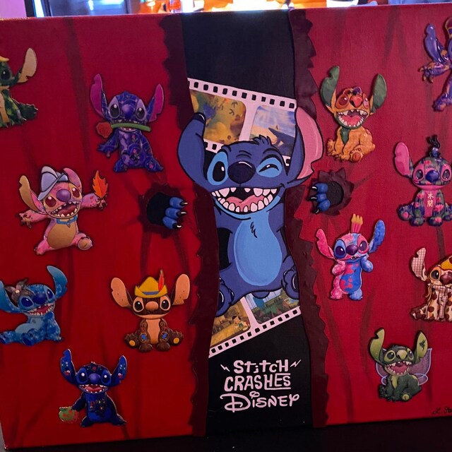 Stitch Crashes Disney Inspired 16x20 Canvas Painting Pin Display