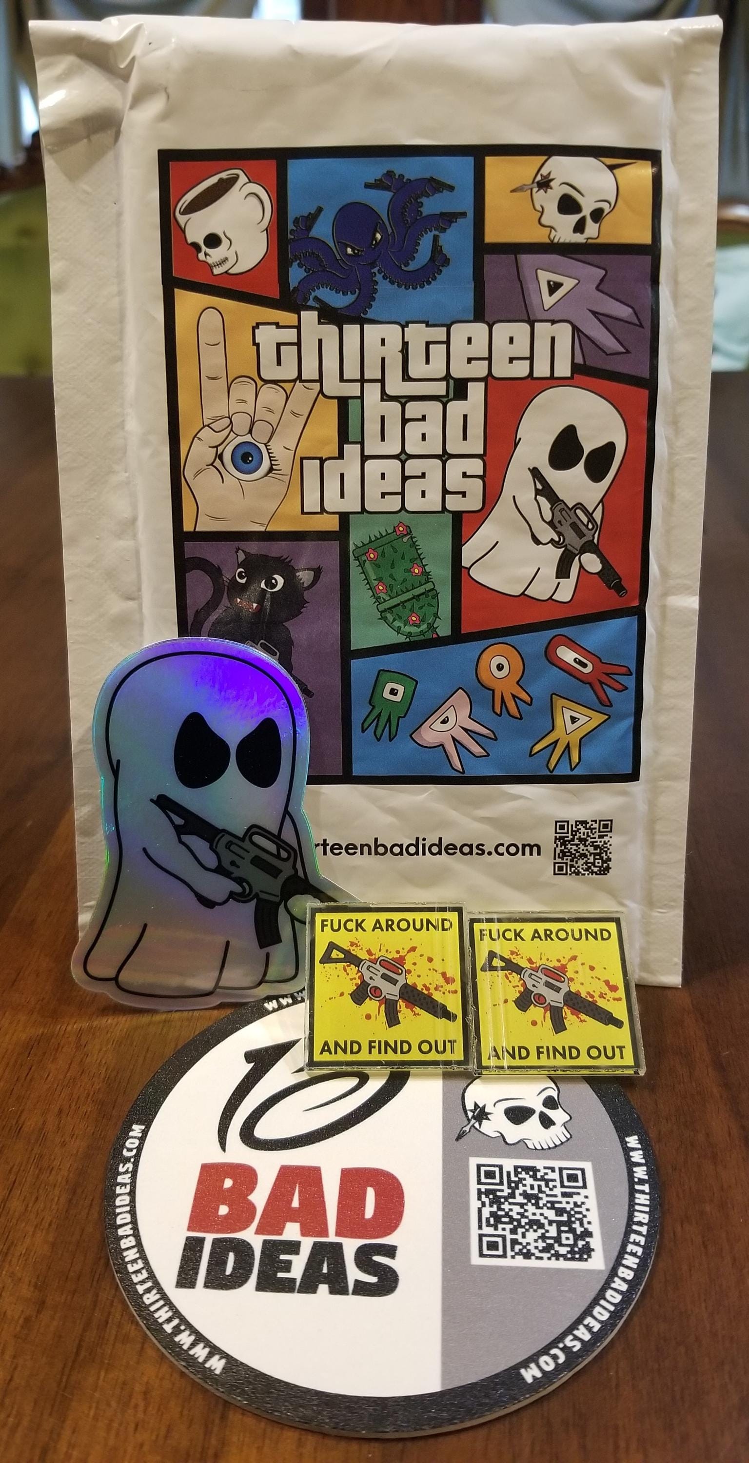 I purchased the "F-Around AR-15 Rifle Acrylic Pin".  It arrived quickly, was well packed and undamaged.  I have purchased from ThirteenBadIdeas in the past and have always received quality products at a fair price.  ThirteenBadIdeas is an A+ seller that I highly recommend and will continue to do business with.