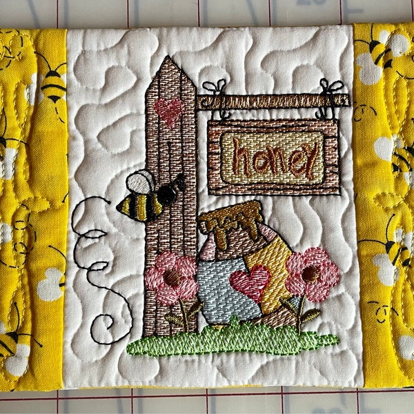 Bee Honey Pot Sketch COMPLETELY in the Hoop Mug Rug Design - Coffee ...