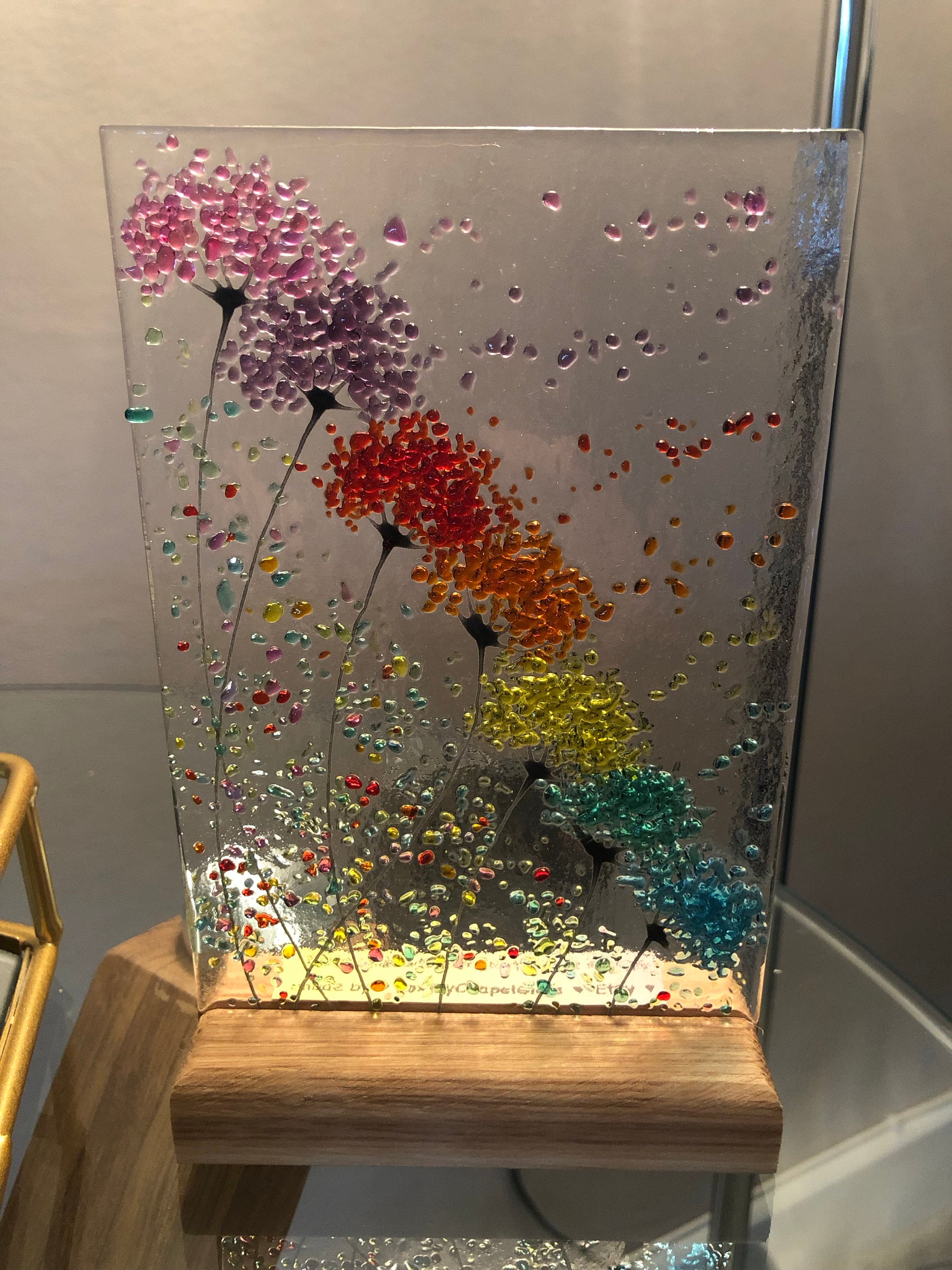 Whimsical Bright Rainbow Flowers fused glass Art Picture Sun Catcher & Wooden Display Stand