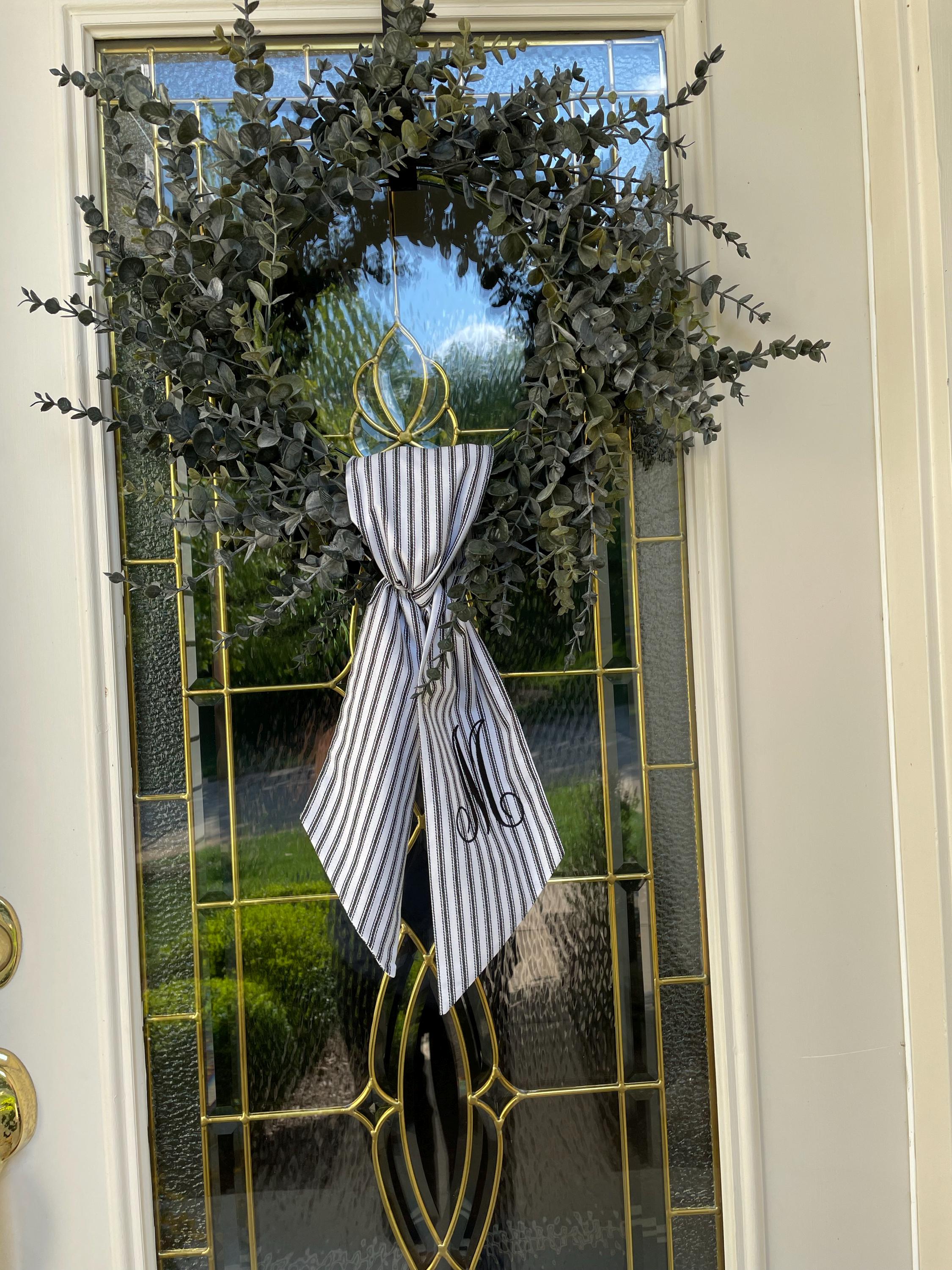 Personalized Black Ticking Stripe Wreath Sash for Front Door, Modern Farmhouse Decor, Striped Embroidered Scarf for Boxwood Wreath, Birthday Gift for Friend