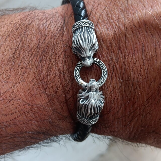 Sterling Silver Lion Head Bracelet, Braided Leather Mens Jewelry