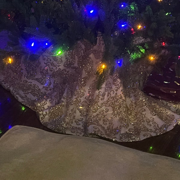 Jupe D'arbre De Noël Glamour Dorée à Paillettes, Dentelle Et Perles - Faite Main - Occasion