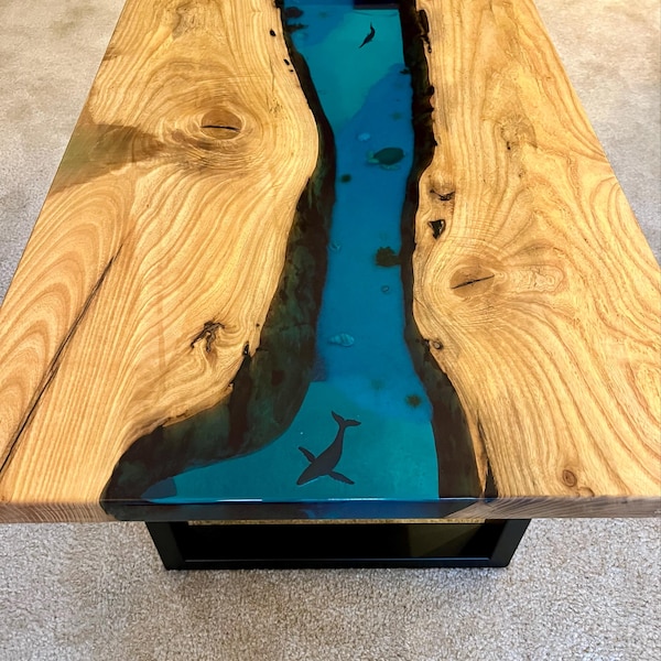 Usa-white Oak Blue Epoxy Ocean Tables. Shells Plants,starfish and ...