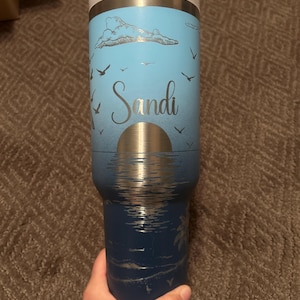 40oz Engraved Tumbler with Handle and Straw | Cup Holder Friendly Travel Mug | Vacuum Insulated Large Water Bottle | Tropical Beach Waves