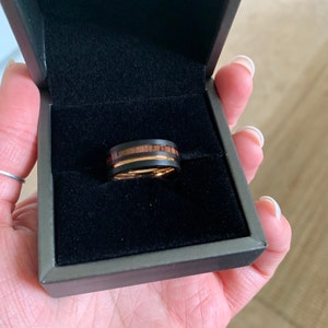 Black Tungsten Ring Rose Gold Wedding Band Wood Inlay Groove - Etsy