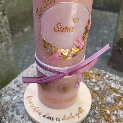 Taufkerze Rustik Sophie – Individuell Mit Name & Datum, Handverziert, 19x6,8 Cm, Wahl: Klassischer Docht