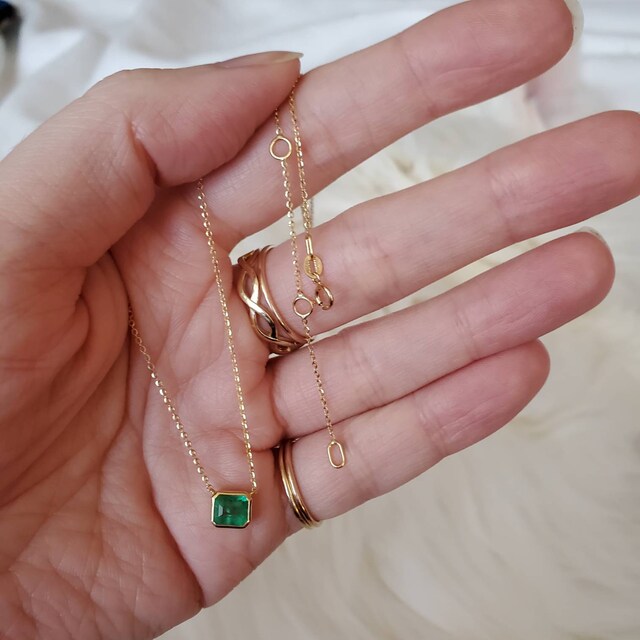 Natural Emerald Necklace. Bezel Set Octagonal Zambian Natural Emerald Necklace. Bezel Set Octagonal Zambian