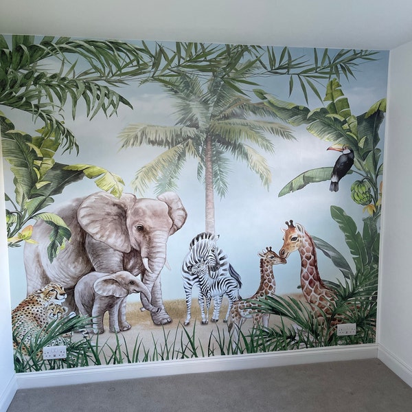 Kids Wallpaper Peel and Stick | Safari Animals With Baby Wall Mural - Etsy