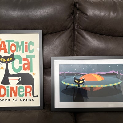 Mid Century Modern Atomic Cocktail Bar Wall Art, Black Cat Art Print ...