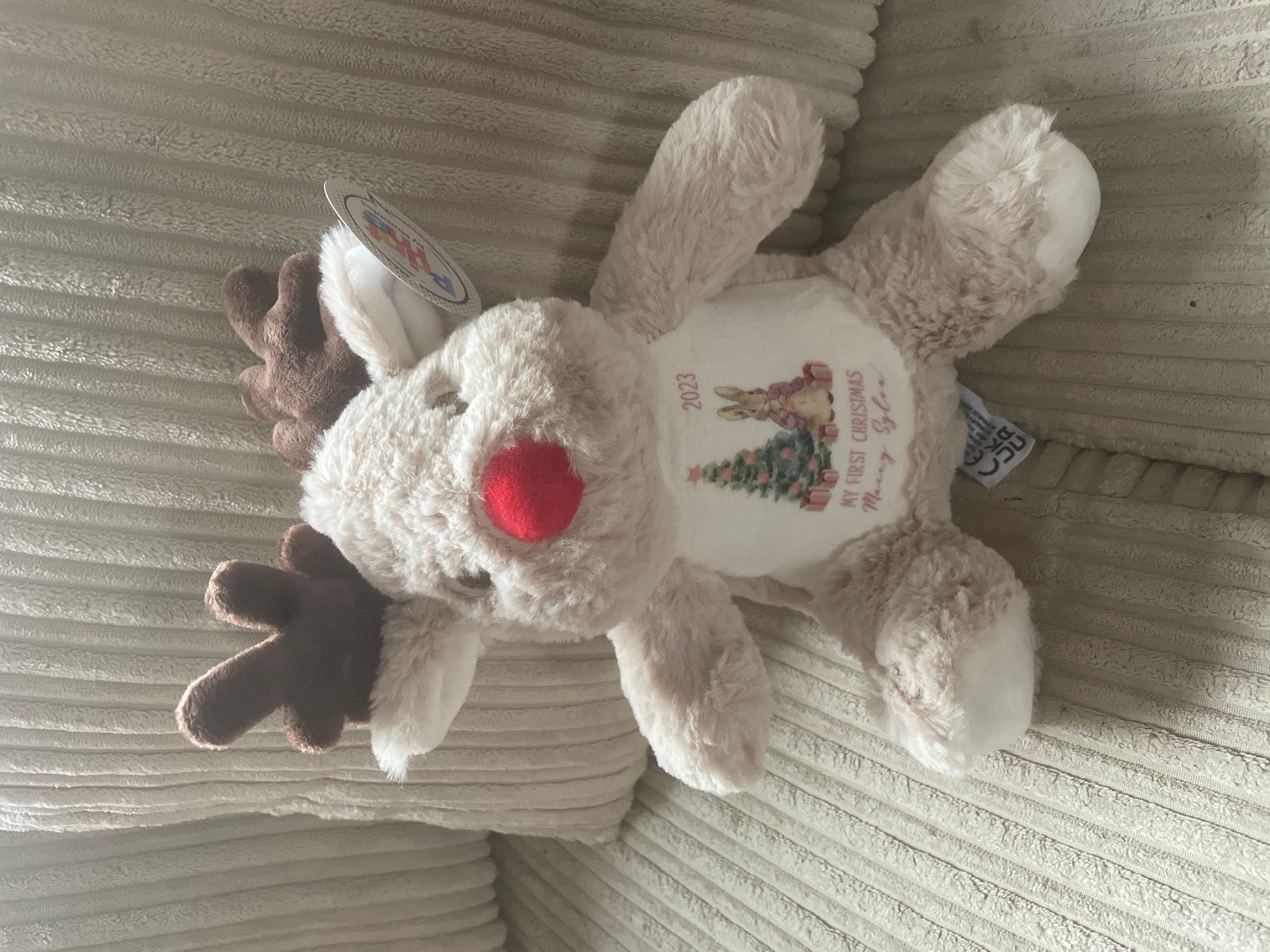 Personalised Small Rudolf Reindeer Christmas Teddy Bear Plushie Baby&#39;s First 1st Xmas Children&#39;s Kids Name Gift Present Keepsake