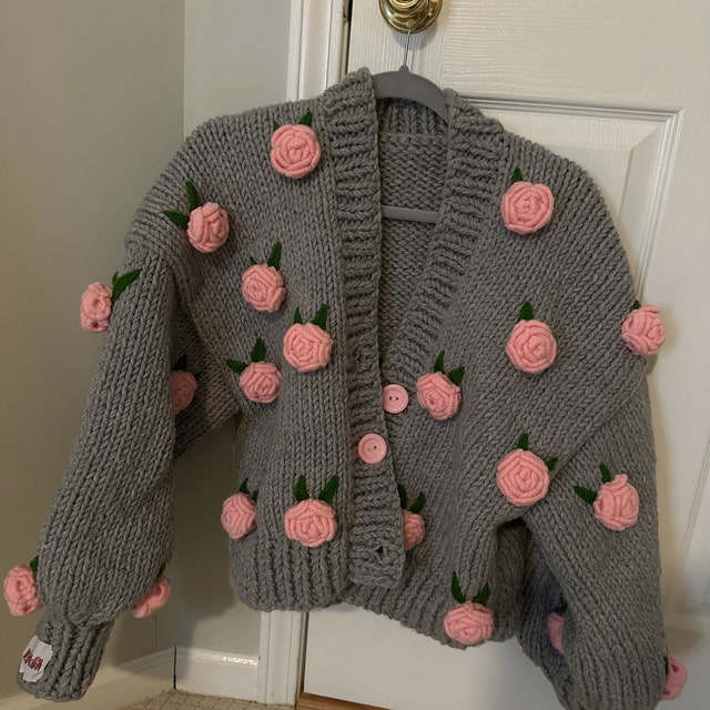 Handmade Gray,pink Rose Cardigan, Gray Chunky Knit Sweater