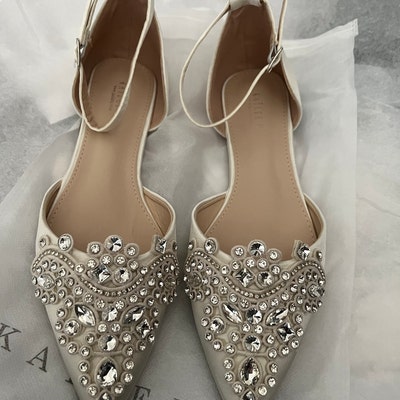 Ivory Satin Pointy Toe Flats With Sparkly RHINESTONES APPLIQUE , Fall ...