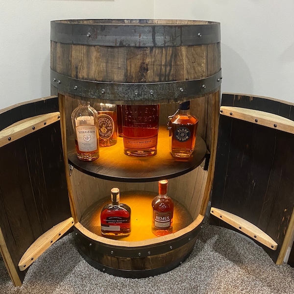 Whiskey barrel cabinet in basement