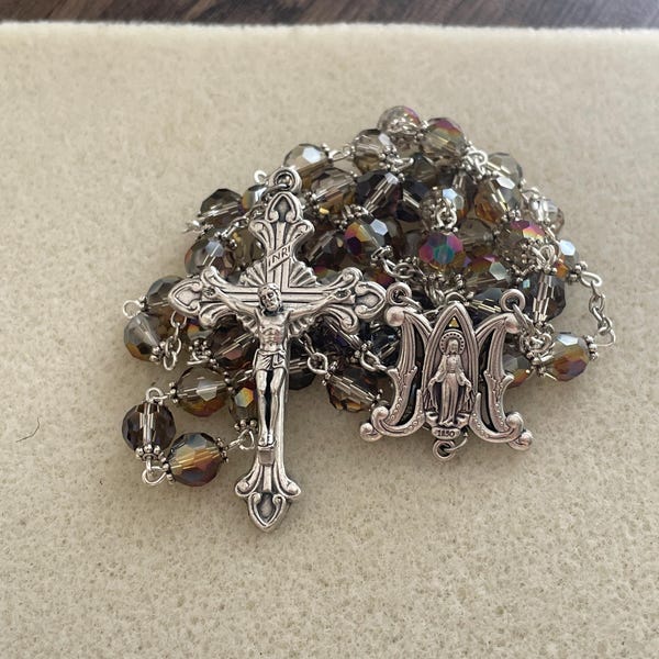 Ave Maria Miraculous Medal Rosary Center - Genuine Oxidized Silver ...