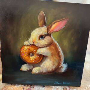 Rabbit Painting Original Art Donut Artwork Oil Painting Original